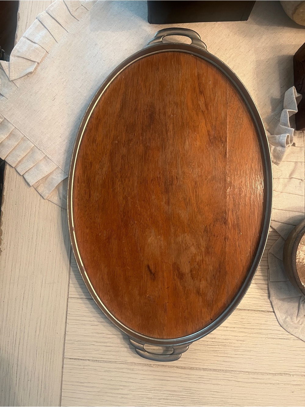 Vintage MCM Oval Wood Serving Tray with Metal Rim and Handles